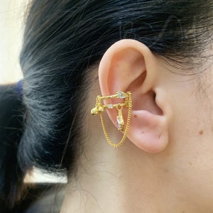 Dangle Ear Cuff No Piercing, Double Band Chain Ear Cuff.Colourful CZ Cuff Earrings,Sterling Silver Drop dangle Ear Cuff.Unqiue Gift