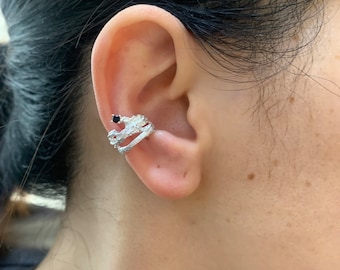 Sterling Silver Ear Cuff with Black Zircon,Irregular Earrings,Abstract Ear Cuffs ,Conch Earring,Ear Wrap,Cartilage Cuff Earrings,Gifts