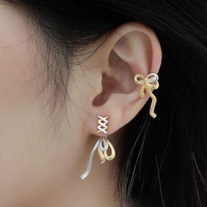 Two tone Bow Ear Cuff no Piercing,Knot Bow Cuff Conch Earring For Women,Kawaii Warp Earrings, Earring For Women,Christmas Jewelry Gifts