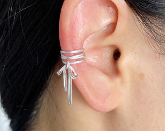 Silver Bow Ear Cuff no Piercing,Knot Bow Cuff Conch Earring For Women,Kawaii Drop Warp Earrings,Multiple Band Ear Cuff,Christmas Gifts