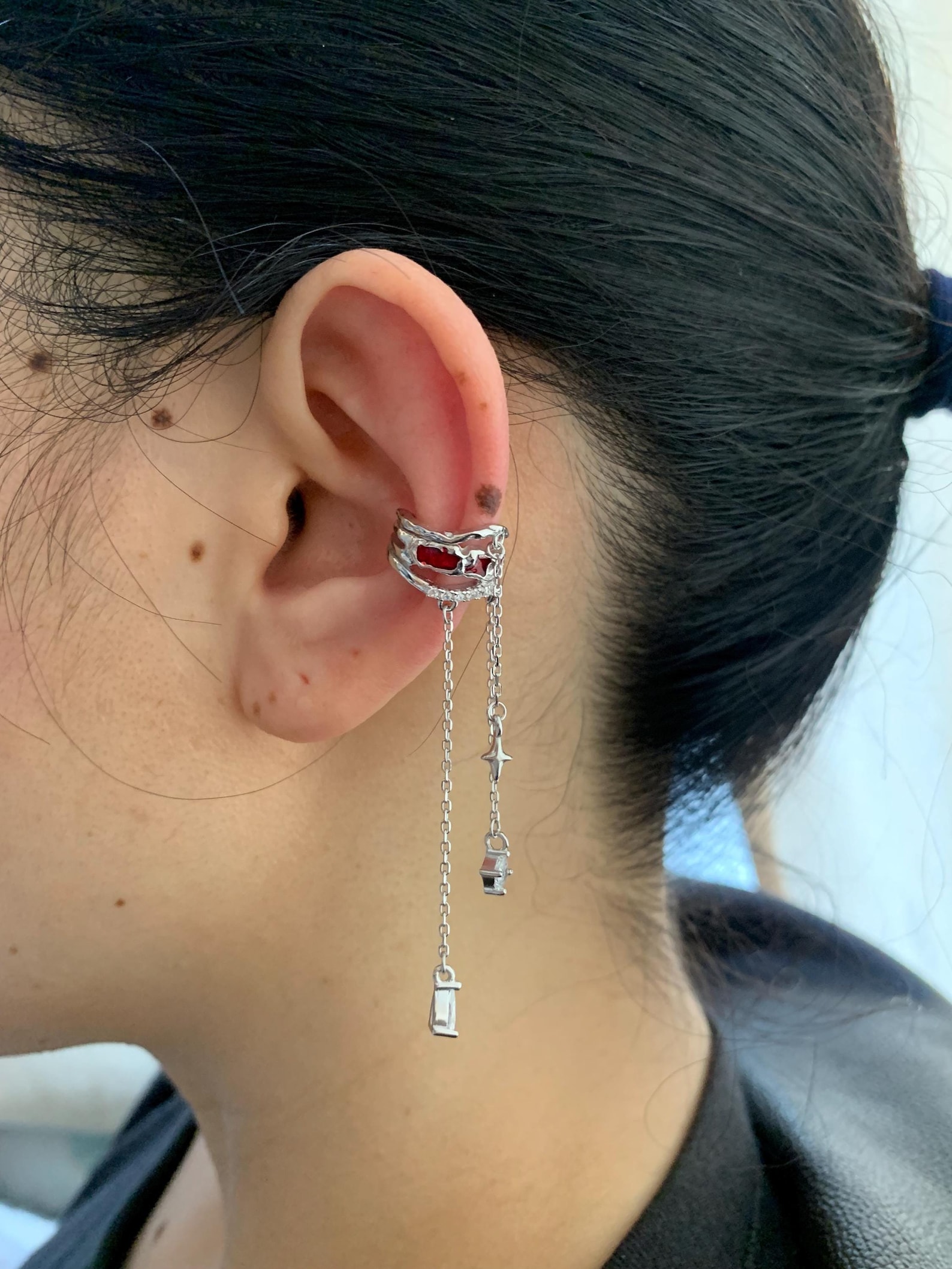Sterling Silver Dangle Ear Cuff With Long Chain ,red Enamel Ear Cuff No