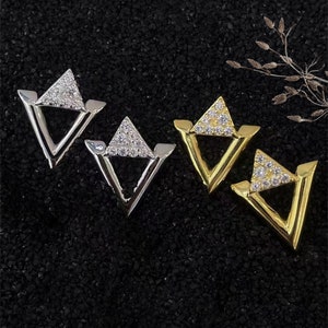 Double Triangle Stud Earrings in Sterling Silver, Gold Mermeil Cubic zirconia Studs ,Geometric Stacking Earrings, Gift for Women Girls