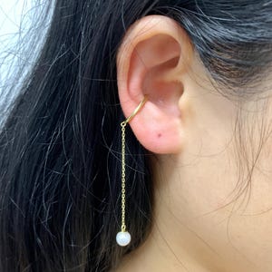 Dainty Pearl Dangle Ear Cuff No Piercing,Asymmetrical Ear Cuff ,Cartilage Hoop Huggies ,925 Sterling Silver Gold plated Ear Cuff, Birthday