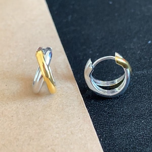 Two Tone Hoop Earrings for Women,Double Hoops Mixed metal earring,Gold Huggie with 925 Sterling Silver,Geometric Jewelry, Modern Earrings