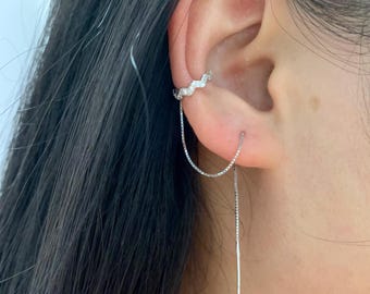 Brinco WaveThreader com Ear Cuff: Brinco de Corrente Pendente em Prata de Lei 925, presente para ela