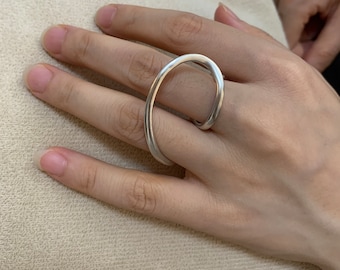 Double finger Abstract Curved Ring,Large Wave Ring,925 Sterling Silver Ring,Modern Statement Ring, Minimalist Architectural Ring