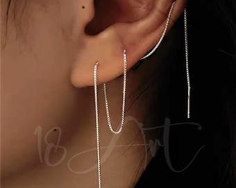 16.5"inch Long Chain Threader Earrings, Sterling Silver Multiple Piercing Earring with ,Dainty Box Chain Earrings,Single Ear Threader,Gifts