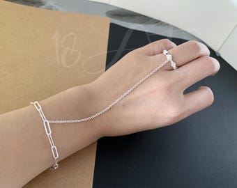 Sterling Silver Hand Chain Bracelet, Finger Ring Bracelet, Silver Hand Ring Bracelet, Ring Link Chain Bracelet, Unique Gifts for Girlfriends