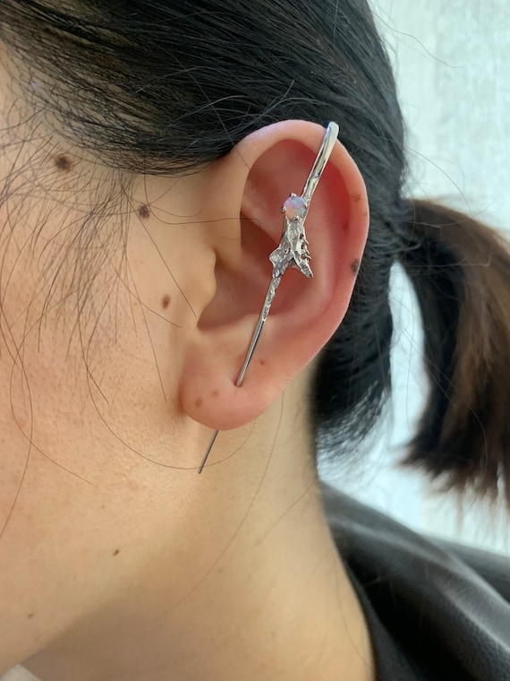 Opal Ear Pin Earring Ear Crawler Hook Earrings Sterling Silver Ear Pin piercing Climber Cartilage edgy Pin Hook Ear Cuff Gift for Her Etsy