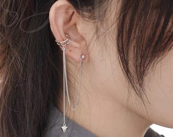 [BLACKMUSE] 925silver☆Long chain drop ear cuff Jemant Spike Ear Cuff Earrings For Men Clip With Dangle Drop