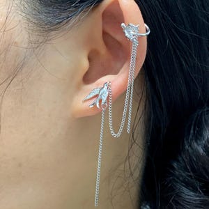 Zwaluwoor manchet ketting oorbel met stud, kraakbeen oor manchet, vogel oorbellen voor dames, sterlingzilveren ketting oorbellen, enkele linker oor manchet