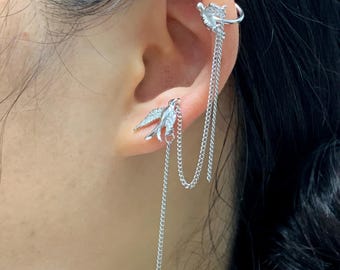 Swallow Ear Cuff Chain Earring with Stud,Cartilage Ear Cuff,Bird Earrings for Women,Sterling Silver Chain Earrings, Single Left Ear Cuff