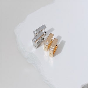 Sterling Rectangle Hoops Earrings with CZ ,Gold Oblong Earrings, Square Huggie Hoops, Geometrical Earrings, Dainty Hoop Earrings