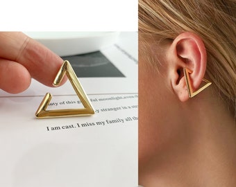 Polsino dell'orecchio a triangolo d'oro, cartilagine non forata, polsino dell'orecchio a cerchio aperto, polsino impilabile, polsino auricolare minimalista, orecchini geometrici, regalo per lei