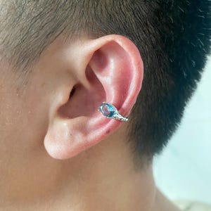 Sterling Silver Ear Cuff with Blue Oval Gemstone,No Piercing CZ Ear Cuffs Earrings for Unisex,Wrap Cuff Earrings,Birthday Jewerly Gifts