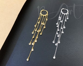 Sterling Silver Hoops Earriings with Long Tassel,Hoop Dangle Drop Earrings, Long  Fringe Huggie Earrings, CZ Chain Drop Earrings,Gift fo her