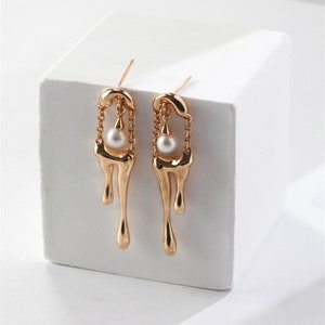 Dripping 925 Sterling Silver Stud Earring,Liquid Earrings,Abstract Earrings,Statement Chain Earring,Droplets Earrings,Rain Drop Earring