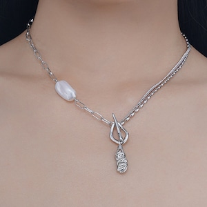 Baroque Pearl Necklace,Single Freshwater Pearl Necklace,Toggle Clasp Necklace,Paperclip Chain,Modern Pearl Necklace,Unique Gift for Her