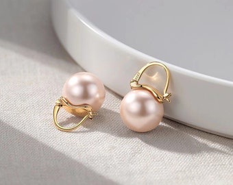 Sterling Silver Pearl Ear Huggie Hoops,Pink Pearl Hoop Earrings,12mm,14mm Pearl Earrings,Bridesmaid Earrings,Elegant Gift for Mom,wedding