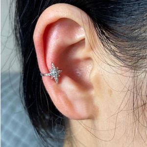 Sparkly Starburst Ear Cuff with Sterling Silver,Star Ear Cuff No Piercing,Conch Ear Cuff, Fake Piercings,Cartilage Ear Cuff,Gift for her