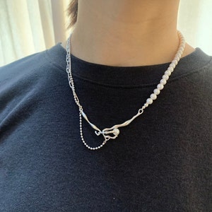 Abstract Pearl Charm Necklace,Sterling Silver necklace,Irregular Moden Necklace,Wedding Necklace, Elegant Pearl Necklace,Unique Gift for Her