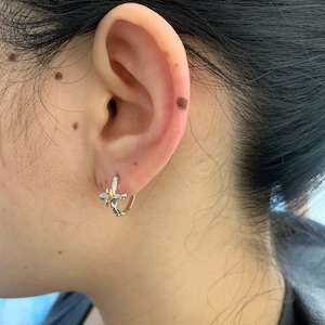 925 Sterling Silver Star Huggie Hoop Earrings,Double tone Cross Small Hoops ,Hoops for Mens Womens,Religious Gift for Her Him