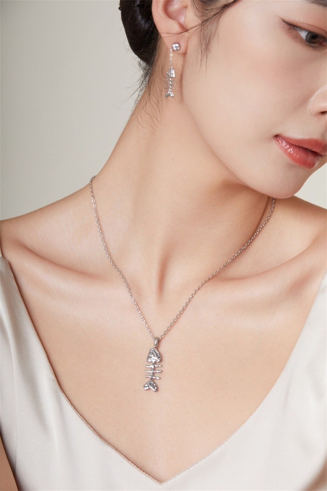 Sterling Silver Fishbone Pendant Necklace, Fish Skeleton Necklace