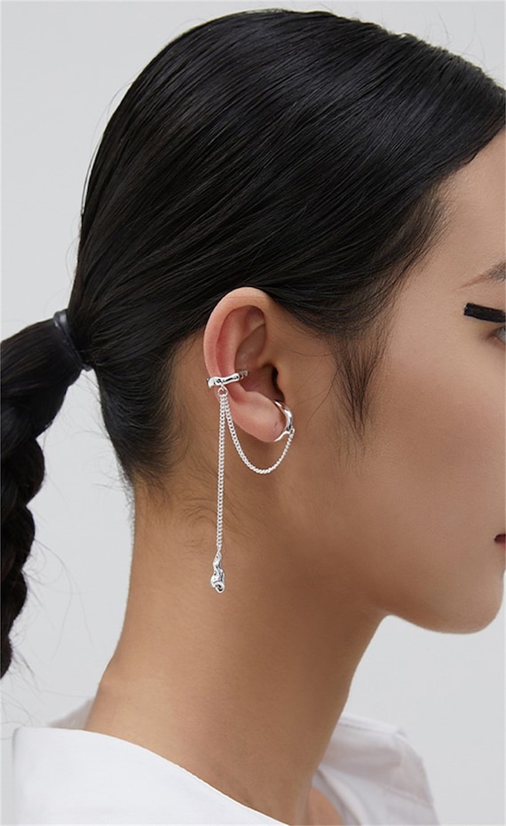Handmade Gold Chain Ear Cuff Spike Earrings Long Non