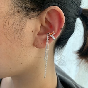 Ear Cuff Silver Chain Earrings,Orange Cubic Zirconia Ear Cuffs，Ear Cuff No Piercing，Long Chain Cuff Earrinigs,Silver Ear Cuffs，Chain Earring
