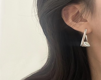 S925 Sterling Silver Rectangle Hoop Earrings,Minimalist Geometric Hoop Earrings,Modern Earring for Women,Irregular Abstract  Earrings