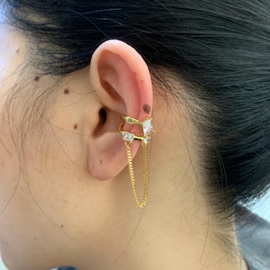 CZ Ear Cuff With Drop Chain, Sterling Silver Ear Cuff No Piercing,Unique Cuff Earings for Women,Fake Gold Vermeil Cartilage Ear Cuffs