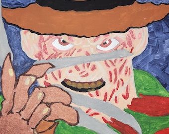 May include: A painting of a horror movie character with a brown hat, a red and green shirt, and a long, sharp knife. The character's face is disfigured with red lines and has white eyes.