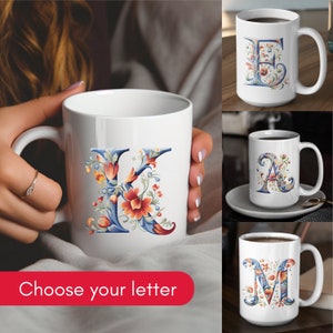 Caneca de presente da Noruega Caneca norueguesa Rosemaling da Noruega Xícara de café Rosemaling Sua letra personalizada Rosemaling alfabeto Caneca de café presente 15oz