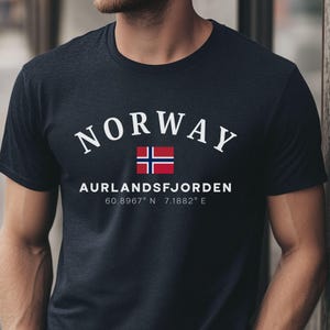 Aurlandsfjord T Shirt for Men Norway Coordinates Flam Railway Fjord View Gift for Him Nature Lover Hiking Viking Heritage Souvenir Tee