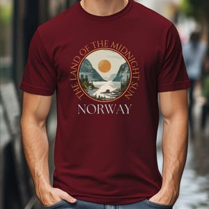 Norway T-Shirt for Men Midnight Sun Fjord Gift for Him Scandinavian Hiking Tee Nordic Landscape Shirt Soft Fast Shipping