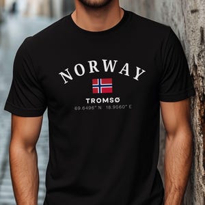 Tromso Norway Coordinates T Shirt for Men Arctic Circle Northern Lights Tee Norwegian Flag Shirt Gift for Him Winter Travel Souvenir
