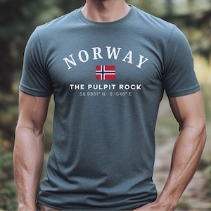 Preikestolen Pulpit Rock Norway Coordinates T Shirt for Men Hiking Shirt Norwegian Flag Tee Gift for Him Outdoor Travel Souvenir Norway