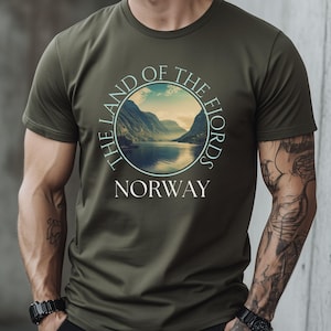Norway T-Shirt for Men Fjord Landscape Tee Gift for Him Outdoor Hiking Shirt Scandinavian Nature Nordic Design Fast Shipping