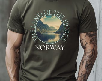 Norway T-Shirt for Men Fjord Landscape Tee Gift for Him Outdoor Hiking Shirt Scandinavian Nature Nordic Design Fast Shipping