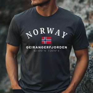 Geiranger Norway Coordinates T Shirt for Men Fjord Souvenir Tee Norwegian Flag Shirt Gift for Him Nature Lover Travel Keepsake Shirt