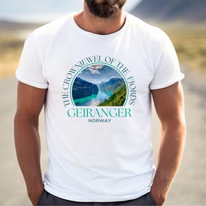 Geirangerfjord Sapphire View T Shirt for Men Norway Fjord Scenic Travel Tee Gift for Him Blue Water Mountain Landscape Shirt Hiking