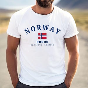 Røros Norway Coordinates T Shirt for Men Nordic Heritage Tee Mountain Town Travel Gift Norwegian Flag Shirt Historic Winter Souvenir
