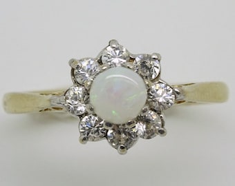 Cocktail Vintage 9ct Yellow Gold Opal & CZ Cluster Ring, Size M