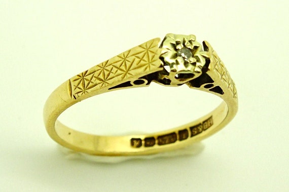 9ct Yellow Gold Solitaire Diamond Engagement Ring Pattern on Shank Size M 1 2 Etsy