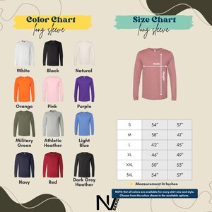 The image is a color chart and size chart for long sleeves, displaying various long sleeve shirts in different colors and sizes.
