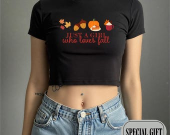 Just A Girl Who Loves Fall T-shirt, Halloween Baby Tee, Halloween Shirt, Autumn Tee, Y2K Halloween Top, Fall Lover Baby Tee, Pumpkin Tee