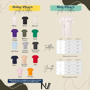 The image is a color chart and size chart for youth and toddler clothing, displaying various shirt colors and corresponding measurements for different age groups.