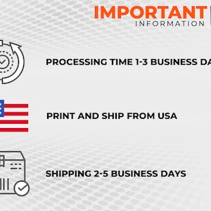 May include: Illustration of a process, a US flag, and a package with a checkmark. Text reads: "IMPORTANT INFORMATION PROCESSING TIME 1-3 BUSINESS DAYS PRINT AND SHIP FROM USA SHIPPING 2-5 BUSINESS DAYS"