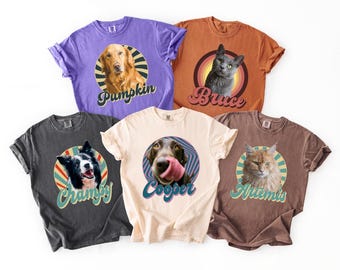 Custom Retro Pet Photo T-Shirt, Personalized Vintage Pet Portrait Tee with Name, Custom Dog or Cat Photo Gift, Christmas Gift Shirt