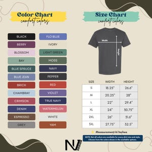 The image is a color chart and size chart for a variety of comfortable-colored t-shirts. The chart displays different color options and corresponding measurements for each color, such as width, height, and style. The chart also includes a size chart with measurements for each color, indicating the width, height, and style of the t-shirt. The chart provides a visual representation of the available color and size options for the t-shirt.